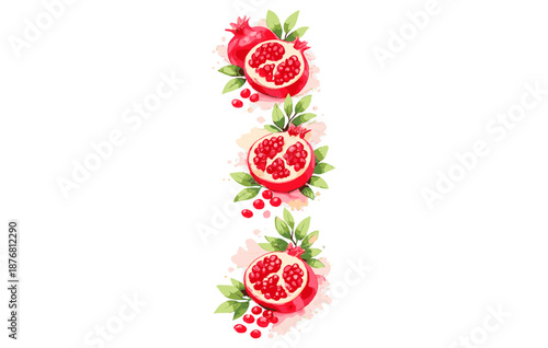 Watercolor pomegranate and leaves vertical pattern with seeds