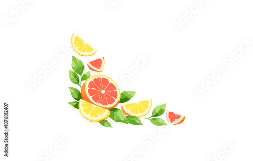 Vibrant citrus arrangement featuring grapefruit and lemon slices with green leaves