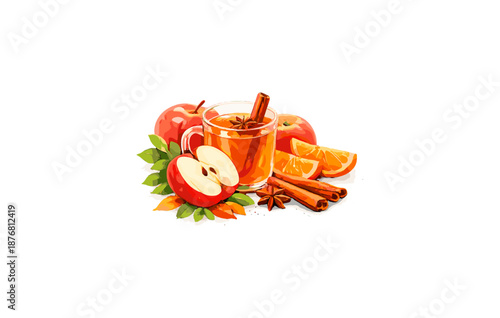 Apple cider with cinnamon sticks and fresh oranges