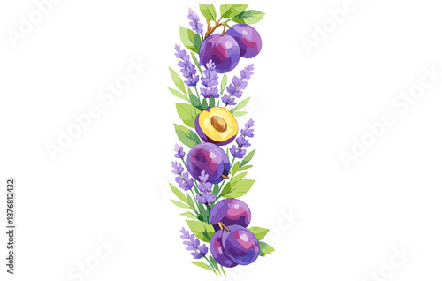 Vibrant arrangement of plums and lavender with leaves in vertical composition