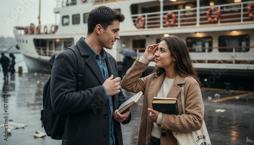 Young couple, romantic mood, talking and smiling, waterfront with a boat background