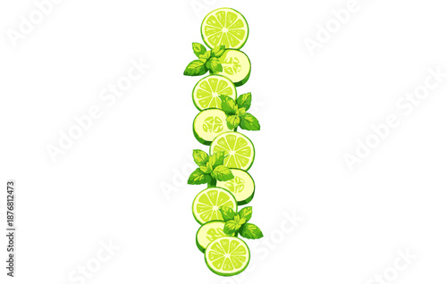 Vertical arrangement of fresh lime slices and mint leaves on white background