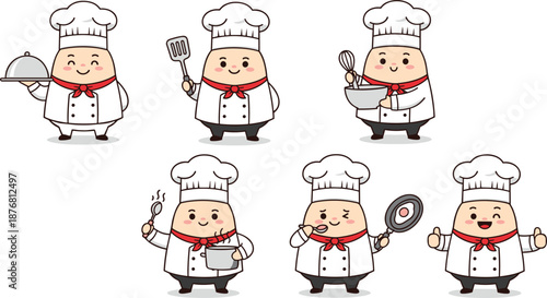 Cute Chef Character Illustration Set Featuring Cartoon Cooks Holding Kitchen Utensils, Cooking Pots and Serving Dishes