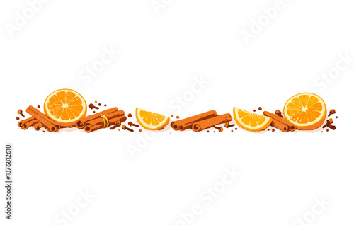 Orange slices and cinnamon sticks with spices on white background