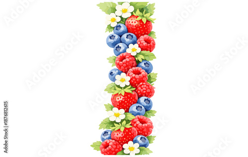 Colorful assortment of fresh strawberries blueberries and raspberries with greenery and flowers