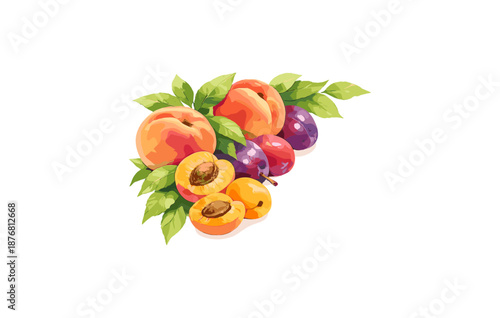 Assortment of fresh peaches and plums with green leaves