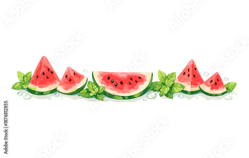 Fresh watermelon slices with mint leaves and water drops on white background