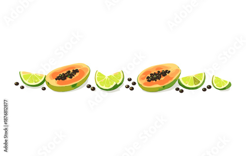 Fresh papaya and lime slices with seeds on white background
