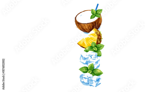 Coconut pineapple ice cubes with mint leaves on white background