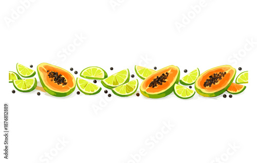 Fresh papaya and lime arrangement with peppercorns on white background