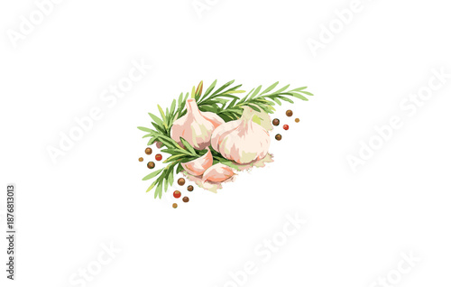 Fresh garlic and rosemary with mixed peppercorns illustration