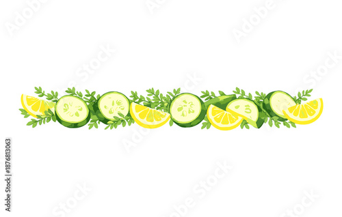 Fresh lemon and cucumber slice pattern with green leaves on white background