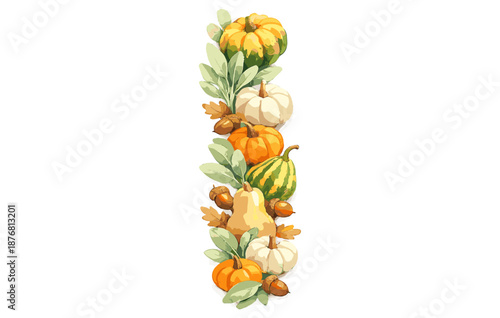 Vertical autumn arrangement with pumpkins, gourds, and leaves on white background