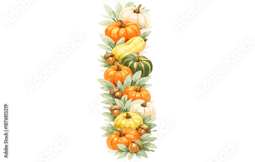 Vertical autumn harvest: pumpkins, gourds, and acorns with greenery