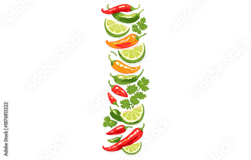 Colorful arrangement of peppers, lime slices, and cilantro