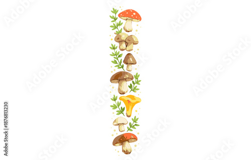 Colorful forest mushroom arrangement with herbs on white background