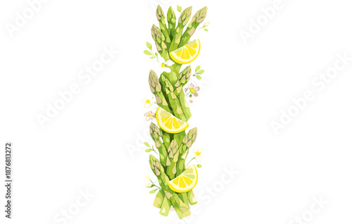 Fresh asparagus spears with lemon slices and floral decor on white background