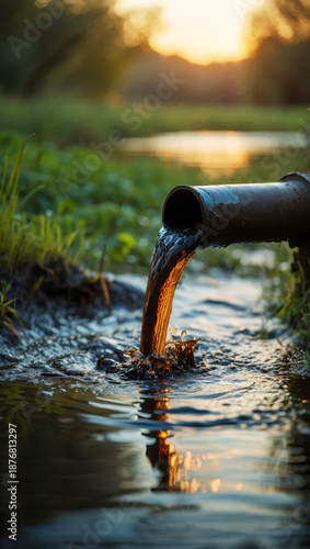 Wallpaper Mural Rusty drainpipe releasing runoff into wetland at sunset, polluted water flowing into pond, environmental contamination from farm drainage, water quality concern, ecological impact bank Torontodigital.ca