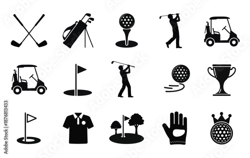 vector glyph icons collection for golf, including clubs, balls, tees, putting, and course symbols, perfect for sports and game designs.