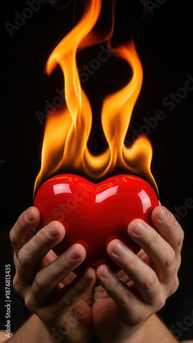 Hands holding a glossy red heart with flames rising from it, symbolizing passion and love, perfect for Valentine's Day celebrations and romantic themes