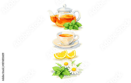 Tea set with lemon and chamomile: teapot, cup, fresh lemons, chamomile flowers, mint leaves