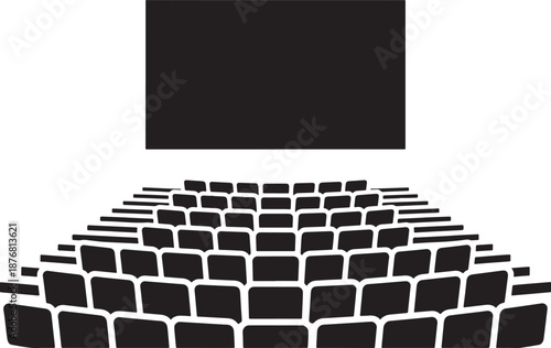 Cinema Theater Interior Silhouette with Rows of Seats and Blank Movie Screen for Presentation