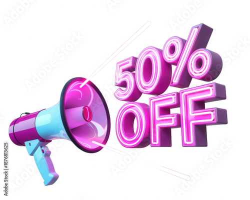 Bright neon pink megaphone with glowing 50 percent off sign and light streaks... isolated on a transparent background 1