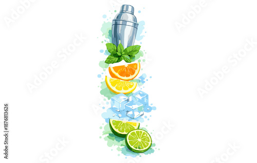 Cocktail shaker with citrus fruits, ice cubes, and mint leaves illustration