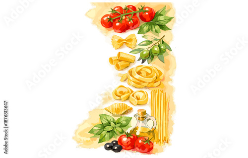 Variety of italian pasta and fresh ingredients with tomatoes and olive oil