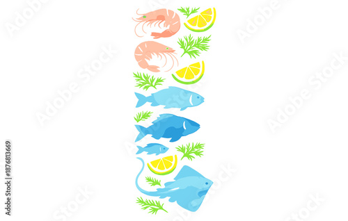 Fresh seafood pattern with shrimp, fish, and lemon slices on white background