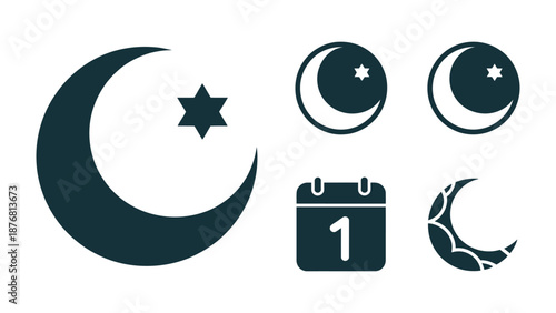 Celestial Symbols: A collection of various celestial symbols, including a crescent moon, a star, and a calendar icon.