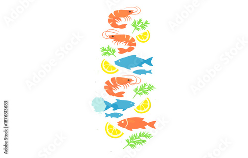 Colorful seafood pattern with fish, shrimp, lemon slices, and herbs