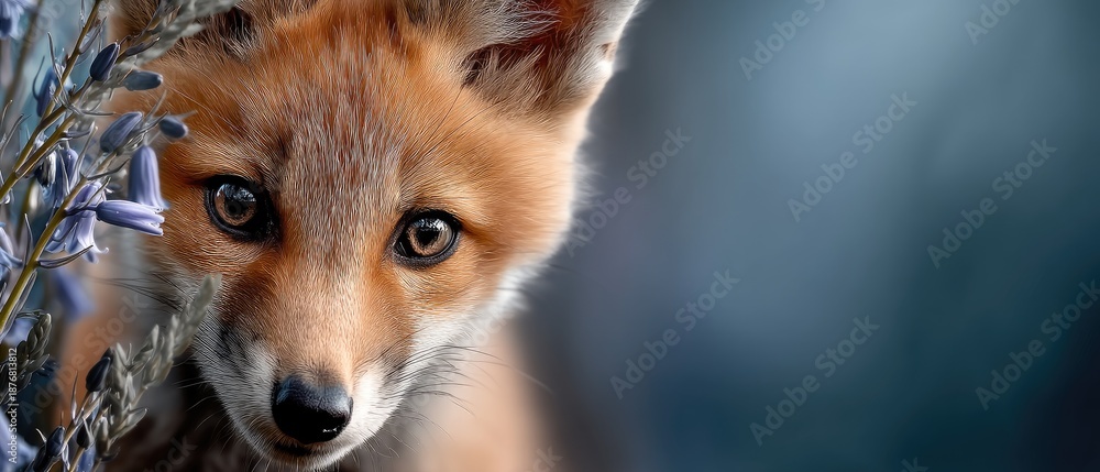 Obraz premium Cute fox peeking from behind bluebells among grass in a colorful, detailed scene of nature during springtime