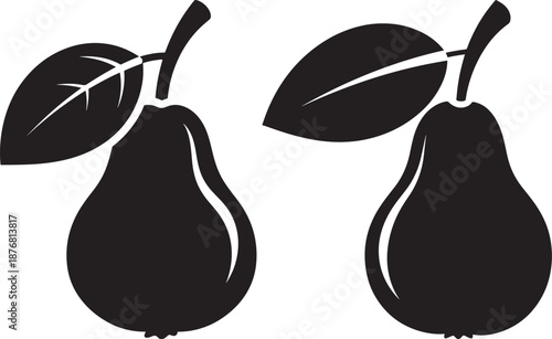 Black Silhouette of Two Pears with Leaves Isolated on White Background for Fruit Branding
