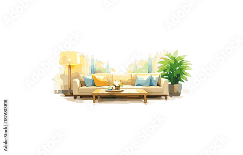 Cozy modern living room with sofa, pillows, lamp, and plant décor