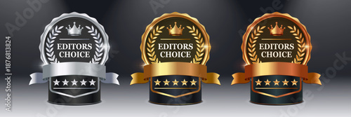 Editors Choice Award Badge Set with Gold Silver and Bronze Crowns, Laurel Wreath Emblems, Five Star Premium Quality Labels, Luxury Achievement Vector Illustration