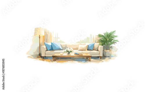 Cozy modern living room with sofa, coffee table, and indoor plant