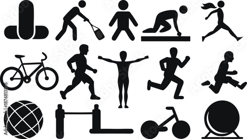 Fitness activities silhouettes isolated on transparent background, Vector, illustration