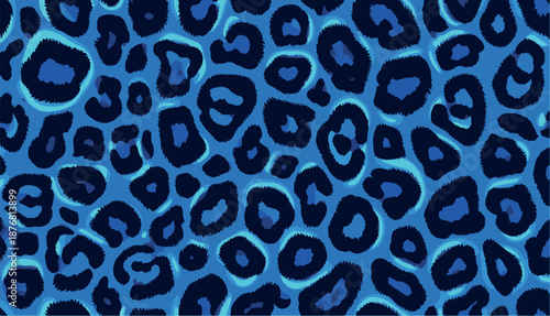 Seamless neon blue leopard pattern with glowing edges and bold animal print style. Fashion textiles, streetwear, modern wallpapers, packaging, trendy backgrounds, eye-catching surface designs.