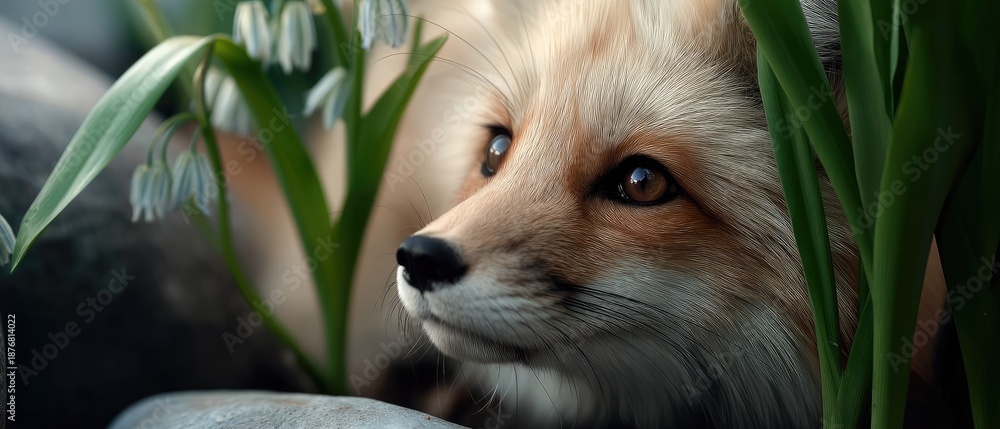 Obraz premium Fox peeks out from bluebells in grass during springtime at a natural setting