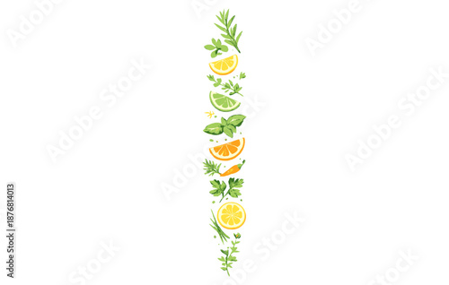 Vertical arrangement of citrus slices and fresh herbs on white background