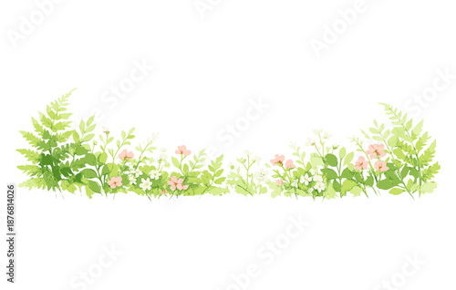 Floral border with green ferns and pink flowers on white background