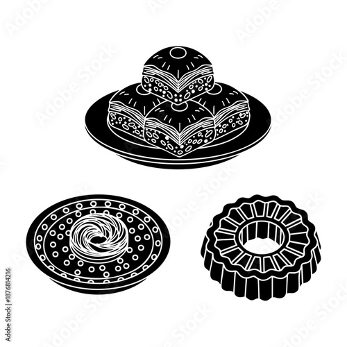 Traditional Ramadan Sweets Baklava Kunafa and Maamoul Three Silhouette Set