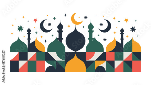Geometric Mosque illustration: An artistic representation of a mosque silhouette, adorned with geometric patterns, crescent moons, and stars. Evoking a sense of cultural celebration.