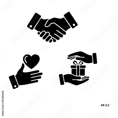 Islamic Social Gestures Handshake Respect and Receiving Three Silhouette Set