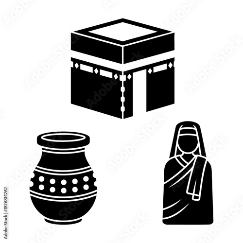 Mecca Hajj Symbols Kaaba Zamzam Jar and Pilgrim Three Silhouette Set