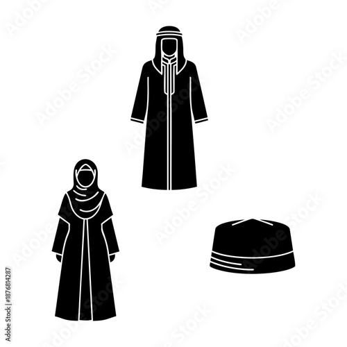 Traditional Islamic Clothing Thobe Abaya Hijab and Kufi Cap Three Silhouette Set