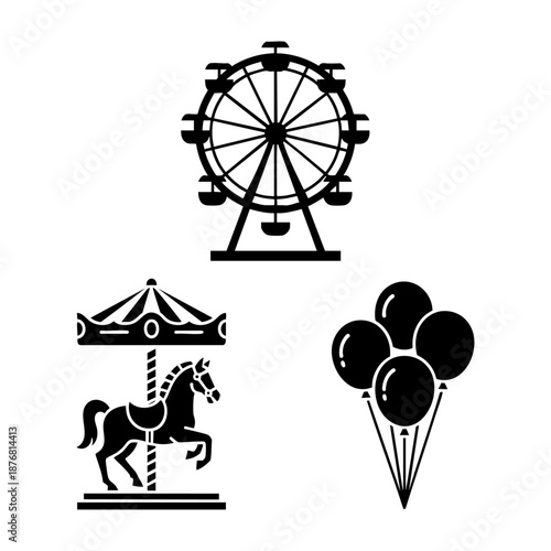 Eid Carnival Funfair Ferris Wheel and Carousel Three Silhouette Set