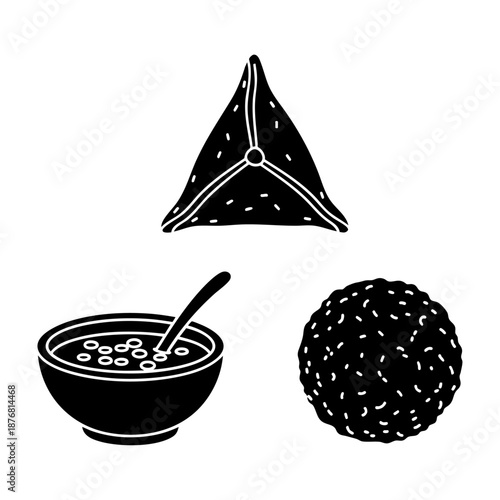Traditional Savory Food Samosa Soup and Kibbeh Three Silhouette Set