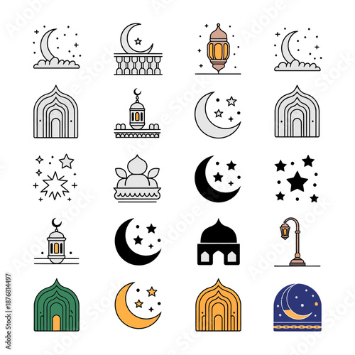 Islamic Design Elements: A collection of various Islamic-themed illustrations, showcasing the crescent moon, stars, lanterns, and archways. Perfect for conveying the spirit of Ramadan.